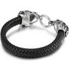Gothic Punk Style Double Skull Head Bracelet for Men Retro Stainless Steel & Braided Leather Men's Wrap Bracelets Jewelry Accessory