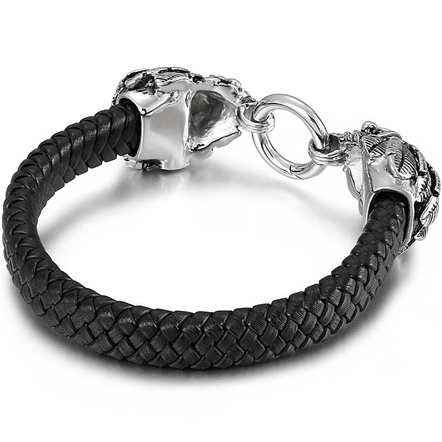 Gothic Punk Style Double Skull Head Bracelet for Men Retro Stainless Steel & Braided Leather Men's Wrap Bracelets Jewelry Accessory