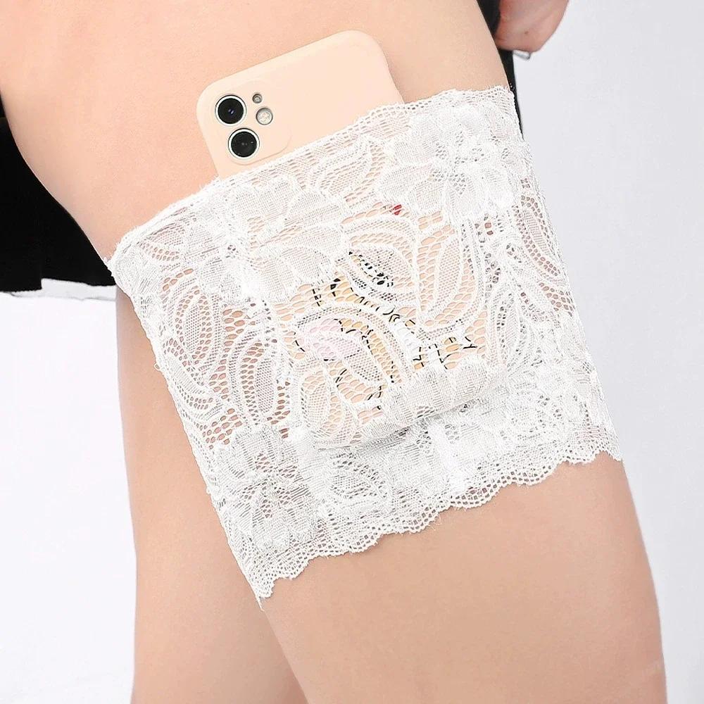 Eleganter Spitzen-Strumpfhaltergürtel für Damen, Verstellbares Kniehoch-Strumpfzubehör mit Silikon-Anti-Rutsch-Handytasche