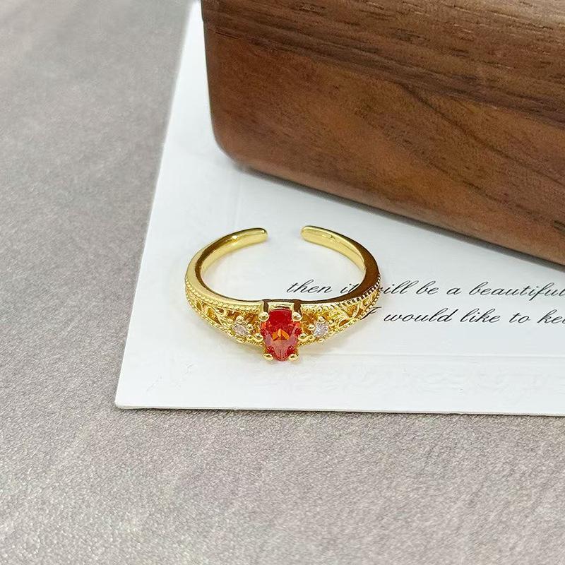 Medieval Vintage Orange Red Zircon Inlaid Simple Open Ring Female Retro Flower Temperament Niche Index Finger Ring