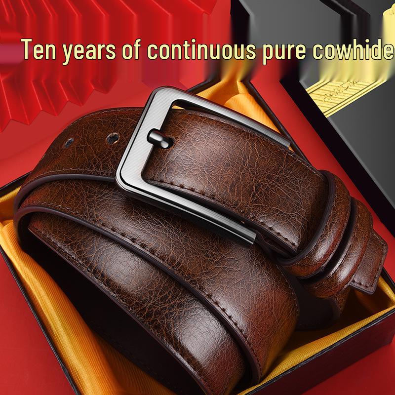 Men's Genuine Leather Belt - High-End Business & Casual Style, Needle Buckle, Suitable for Middle-Aged and Young Men.