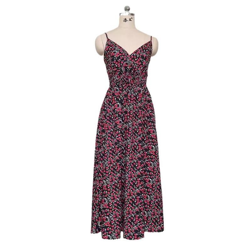 Summer Floral Printing Suspender V-neck Dress Women Elegant Loose Slim Waist Holiday A-line Party Dresses Sleeveless Fashion Casual Women's Clothing