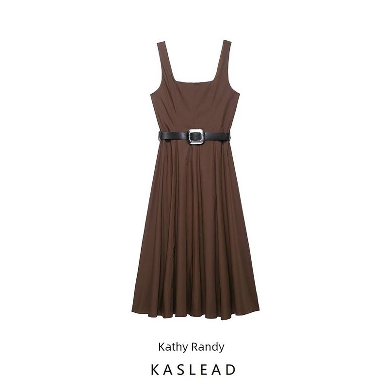 Kaslead New Women Clothes Western Style Simple Temperament With Belt Midi Dress 5029167