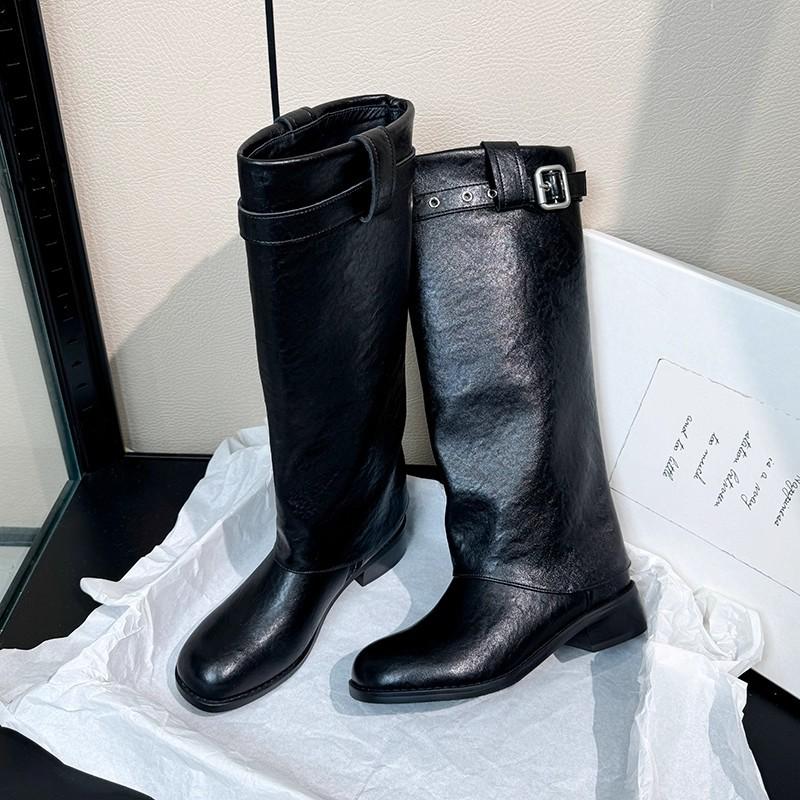 Uncle Zhou's new high-leg trouser boots in autumn and winter 2025 women's thick-heeled knight boots belt buckle western boots women