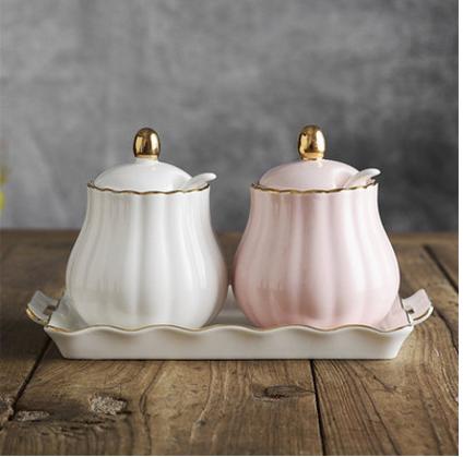Creative Kitchen Ceramic Seasoning Jar Three-piece Seasoning Jar Seasoning Box Combination Salt Jar Chili Oil Cans Household