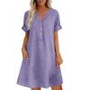 Soft Blended Fabric Dress Summer Short Sleeve for Women, Casual Button Up V Holiday Neck A-line Dress, Flowy Beach Vacation Sundress with Pockets