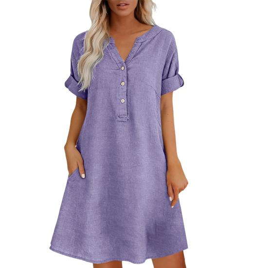 Soft Blended Fabric Dress Summer Short Sleeve for Women, Casual Button Up V Holiday Neck A-line Dress, Flowy Beach Vacation Sundress with Pockets