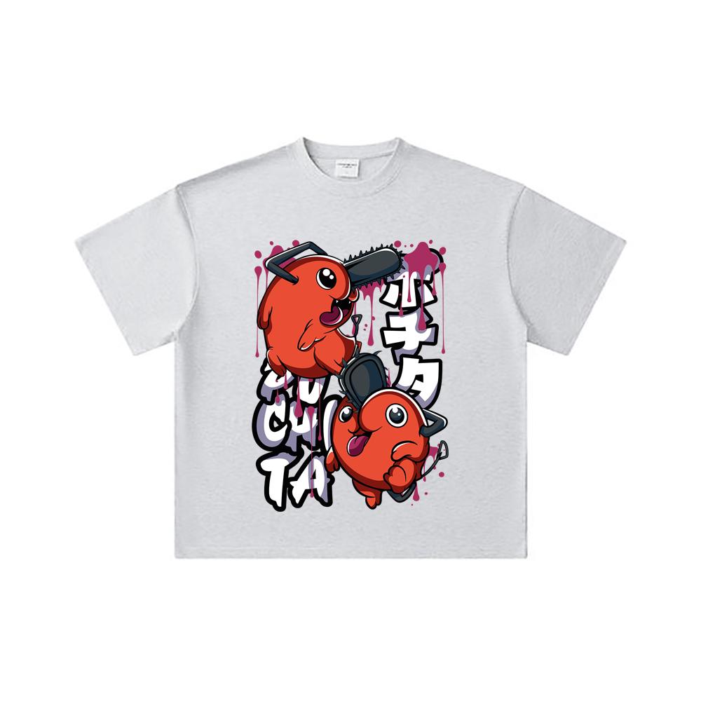 260 GSM Dvojitá příze 32 Počtu 100% Bavlna Chainsaw Man V37 Pochita Potisk Unisex Těžké Bavlněné Tričko