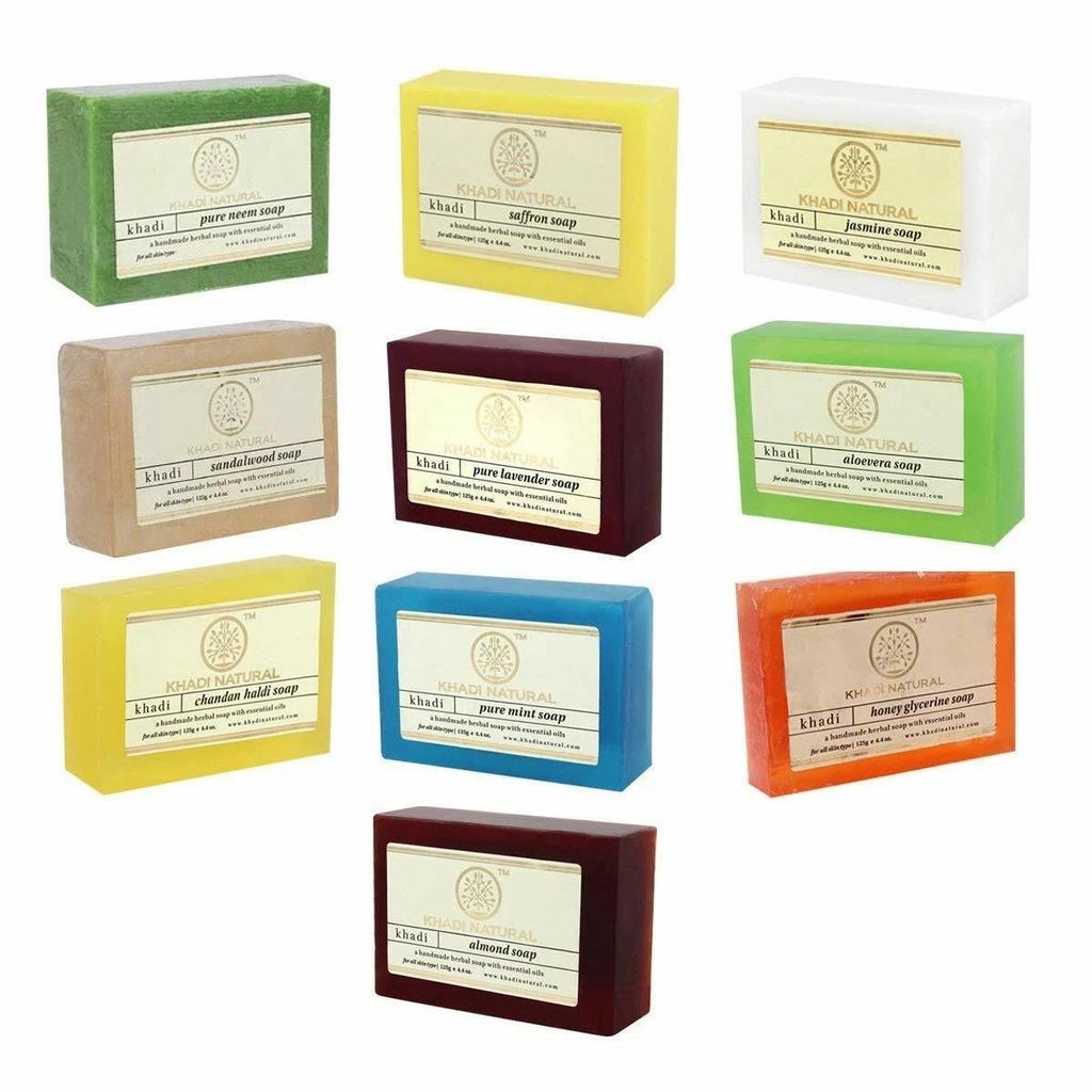 KHADI NATURAL Seifen-Kombination, Verschiedene natürliche Seifen als Geschenkset, 125 g Set von 10 Stück