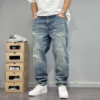 Autumn and Spring Fashion Trend Pure Color Retro Straight Leg Jeans Men's Loose Sports Plus Size Denim Pants