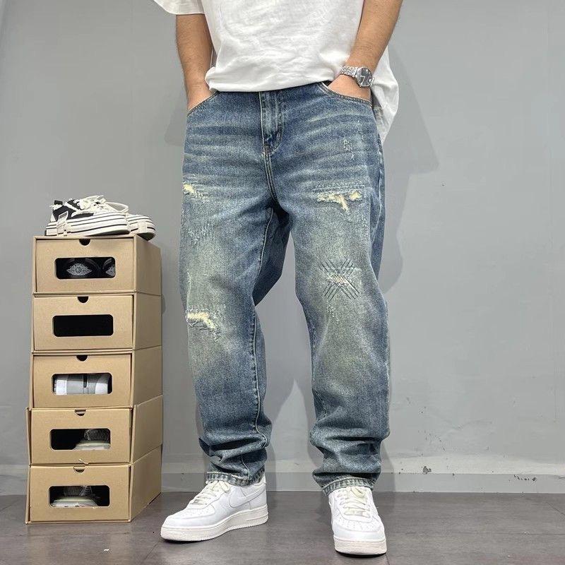 Autumn and Spring Fashion Trend Pure Color Retro Straight Leg Jeans Men's Loose Sports Plus Size Denim Pants