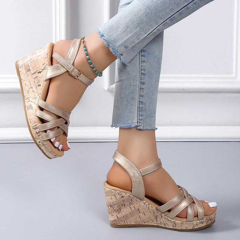 Fashion Women Wedges Sandals 2024 Summer New Buckle Platform Heeled Sandals Roman High Heels Shoes Fashion Brown Casual Woman Sandalias