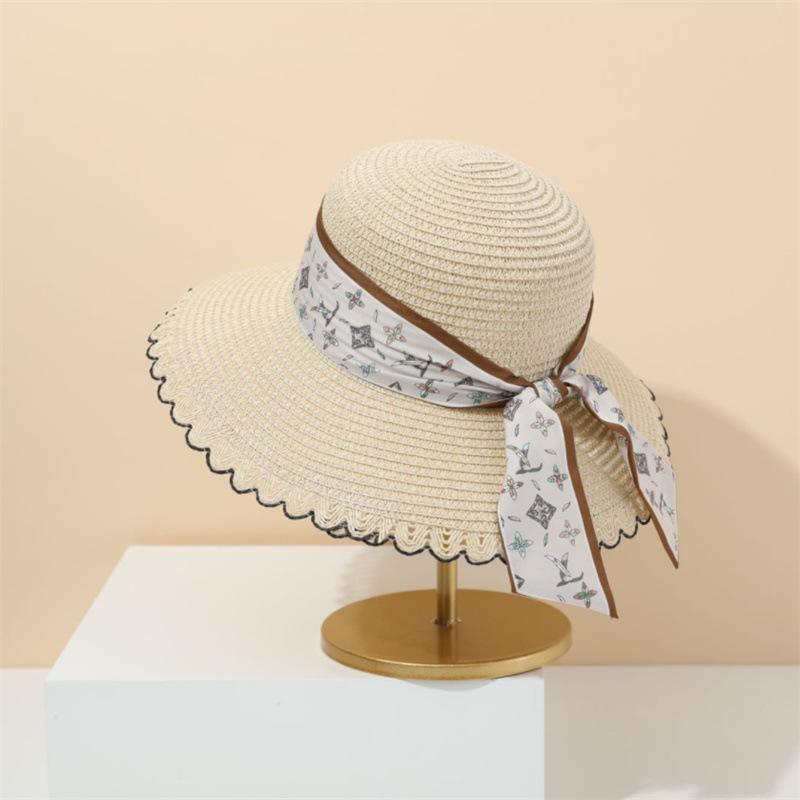 Summer Printed Ribbon Accessories Dome Straw Sun Hat Women's Seaside Vacation Fashion Fresh Sunscreen Shade Straw Hat