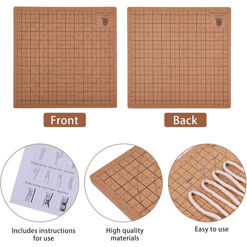 Wood Wooden Macrame Board 11X11 Inch With 40 Meter Cotton Cord, 10Pcs Keychains, Pins Set For Braiding Weaving Supplies Kit