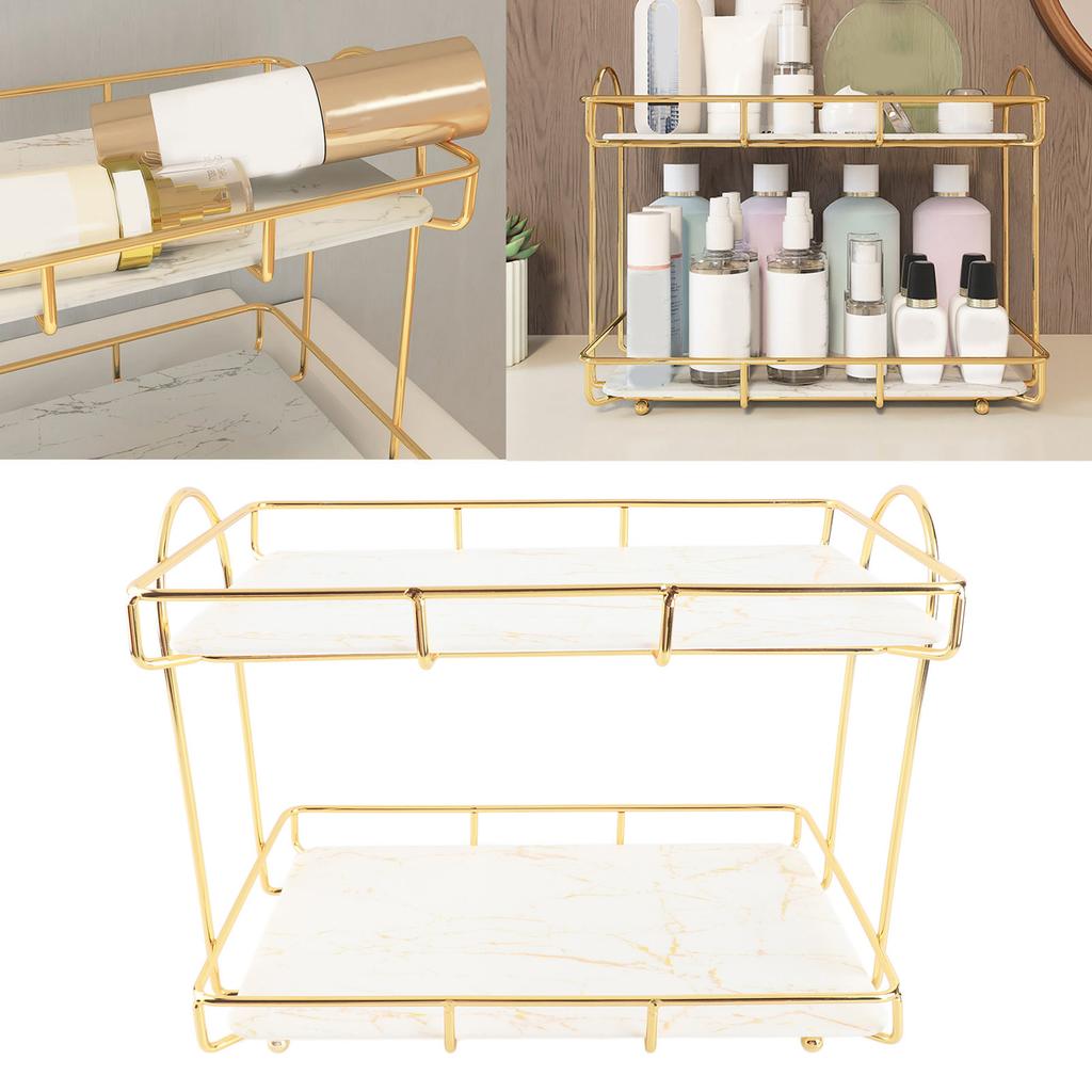 Badezimmer-Aufbewahrungsregal Gold Weiß 2 Etagen Make-up-Regal Humanisierte Struktur Anti-Rutsch-Arbeitsplatte
