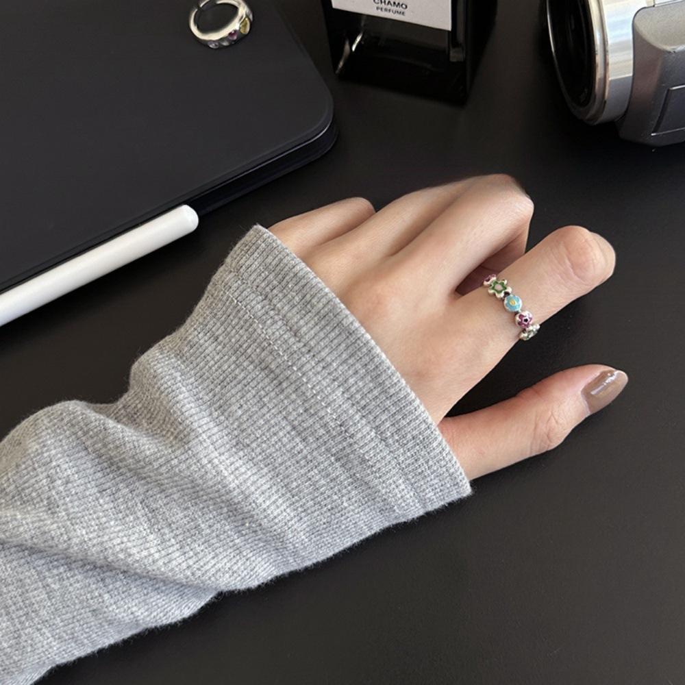 Korean colored flower dripping oil special-shaped love diamond sparkling gemstone ring opening adjustable personalized ring