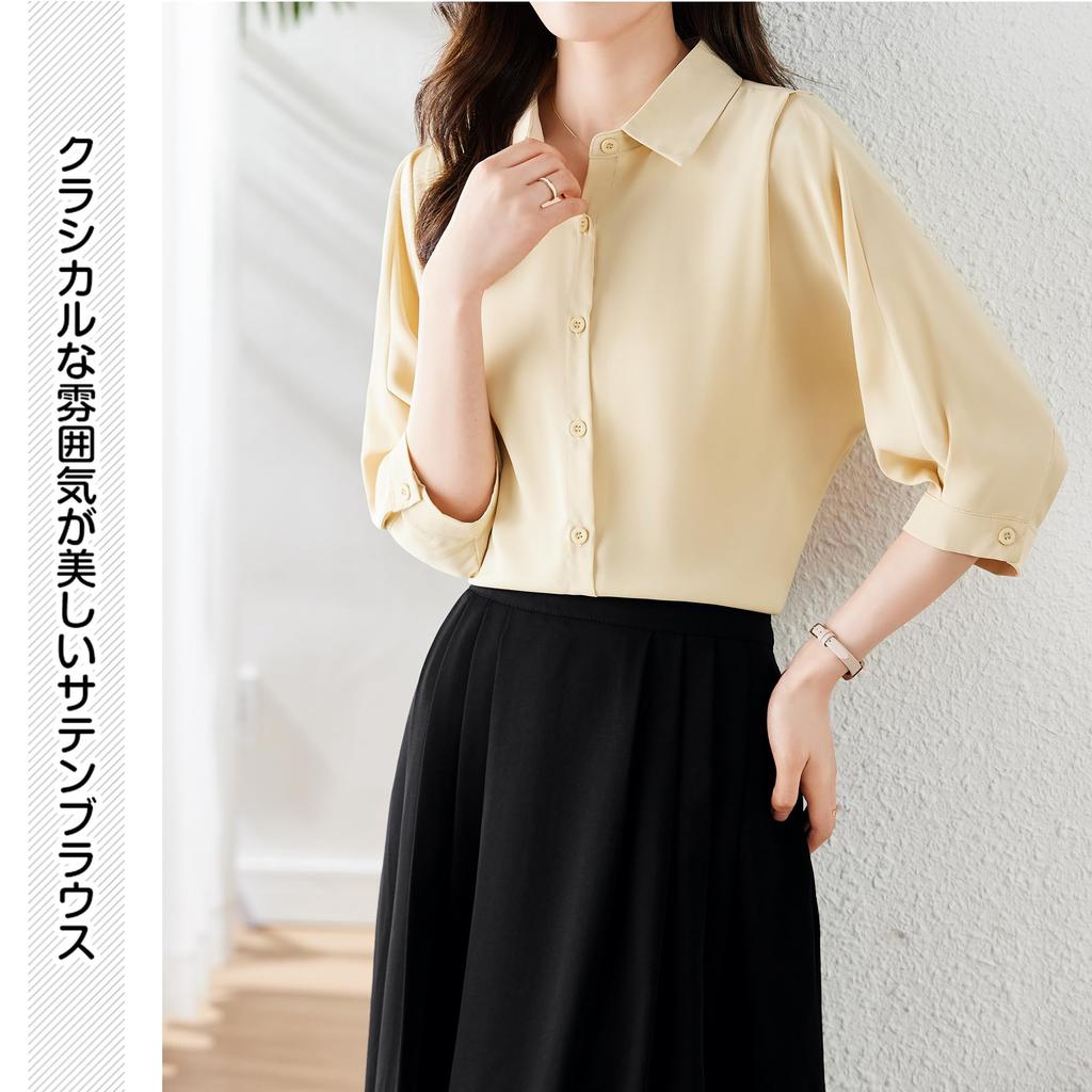 sleeve thin collared open going cream 3XL [Bolan Verl] [8 colors] Women's 3/4 blouse, shirt, office, top, dolman, women's, white, black, red, pink,