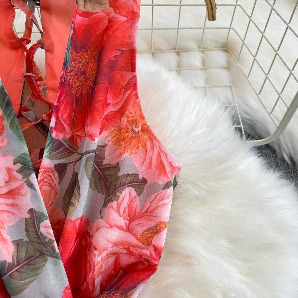 Robe longue style bohème pour femme, col en V, dos nu, taille haute, coupe trapèze, volants, imprimé, vacances en bord de mer