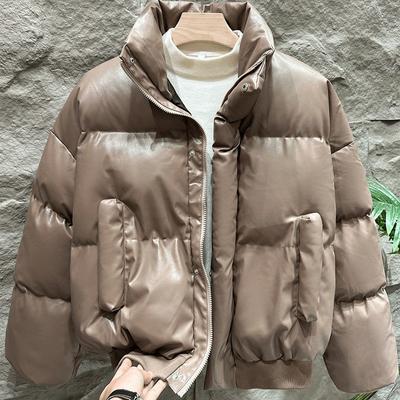 Mens Winter Puffer Jacket - Loose Fit Thick PU Cotton Coat Stand Collar Warm Casual Outerwear