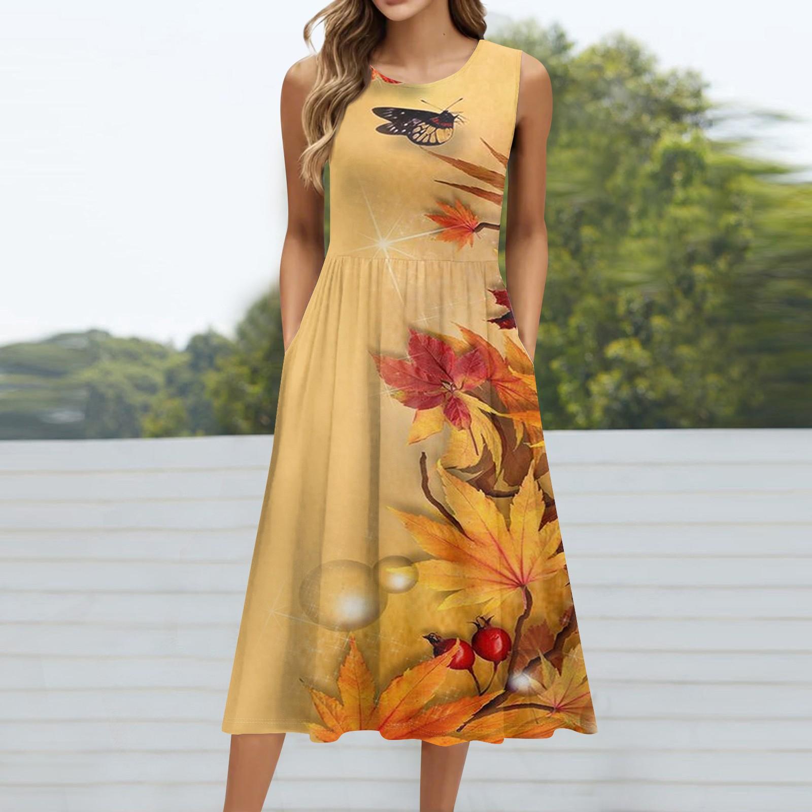 

Женское модное ретро-платье с цветочным принтом, круглым вырезом, без рукавов, повседневным свитером и карманом средней длины M оранжевый