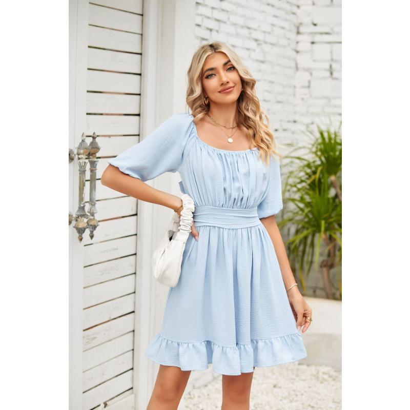 Summer Women's Solid Colour Square Neck Short Sleeve Loose Backless Tie Dresses