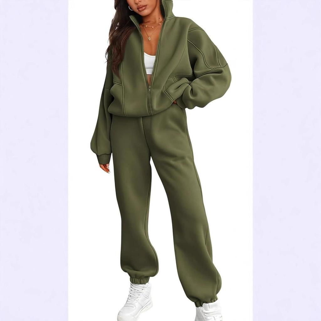2025 Women's Fleece Sweatshirt Two-Piece Set Casual Zip-Up Loose Fashion Tracksuit
