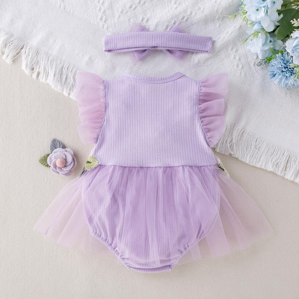 Neue Baby Mädchen Mesh Ha Kleid Mode Niedlichen Blume Blume Fliegen Sleeve Overall Haar Zubehör