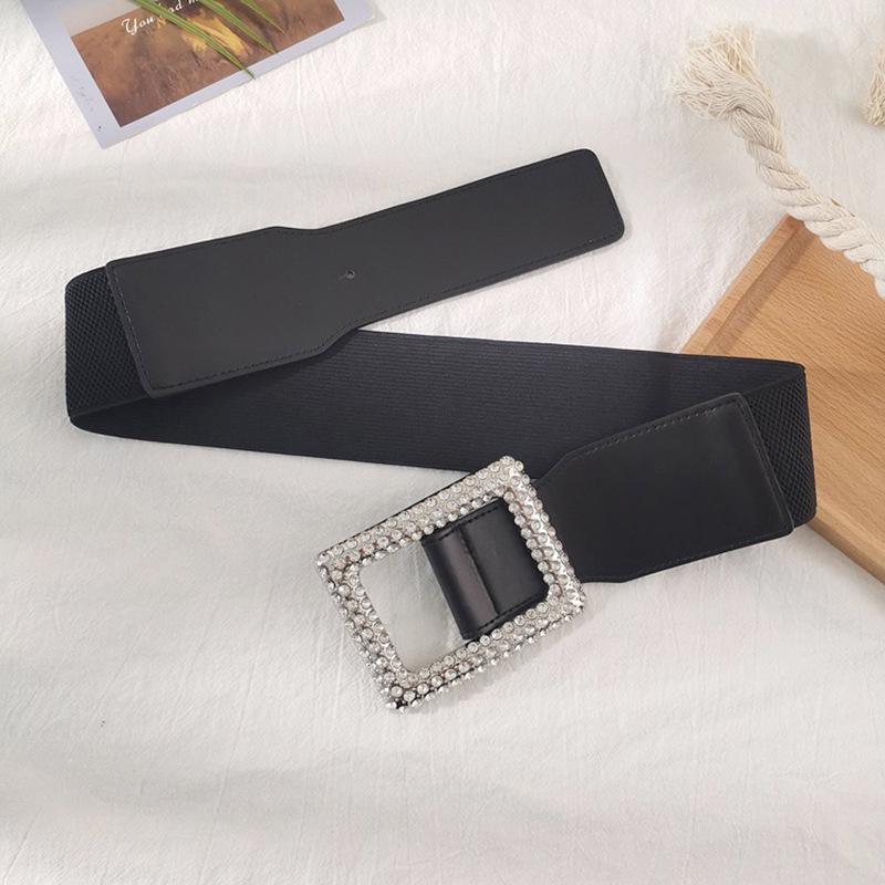 Women's High-End Black Leather Rhinestone Buckle Elastic Waist Belt for Coats and Dresses