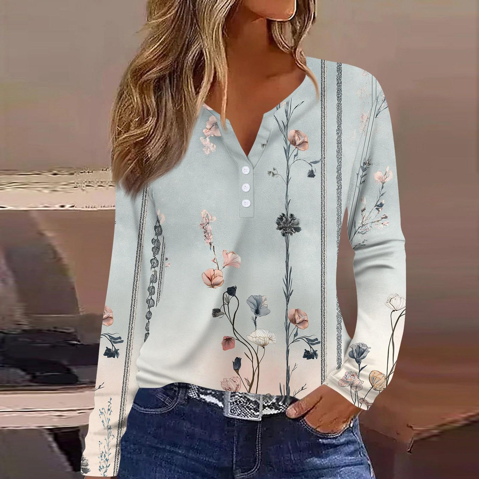 Жен. Футболка Футболка С принтом Пуговицы Длинный рукав Повседневные Выходные Мода — фото 11