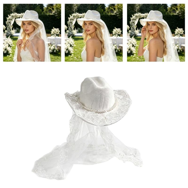 Stickerei Schleier Perlen Cowboyhut für Brauthochzeiten Zeremonie Fotoshootings Zubehör Besonderes Event Styling Kopfschmuck
