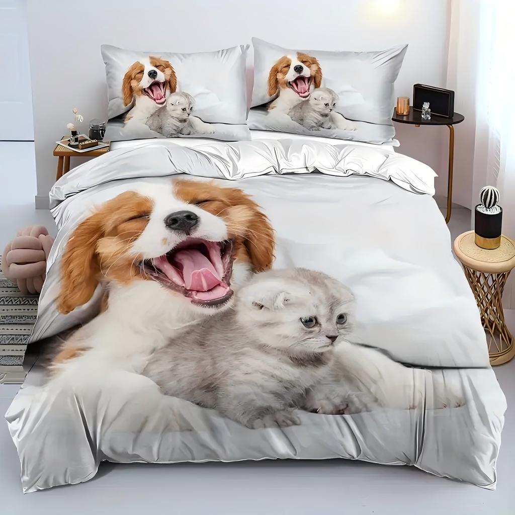 Cute Dog Cat 3d Printed Duvet Cover set Soft Comfortable Luxury Bedding set Cute Animal Theme Quilt cover set pillowcases