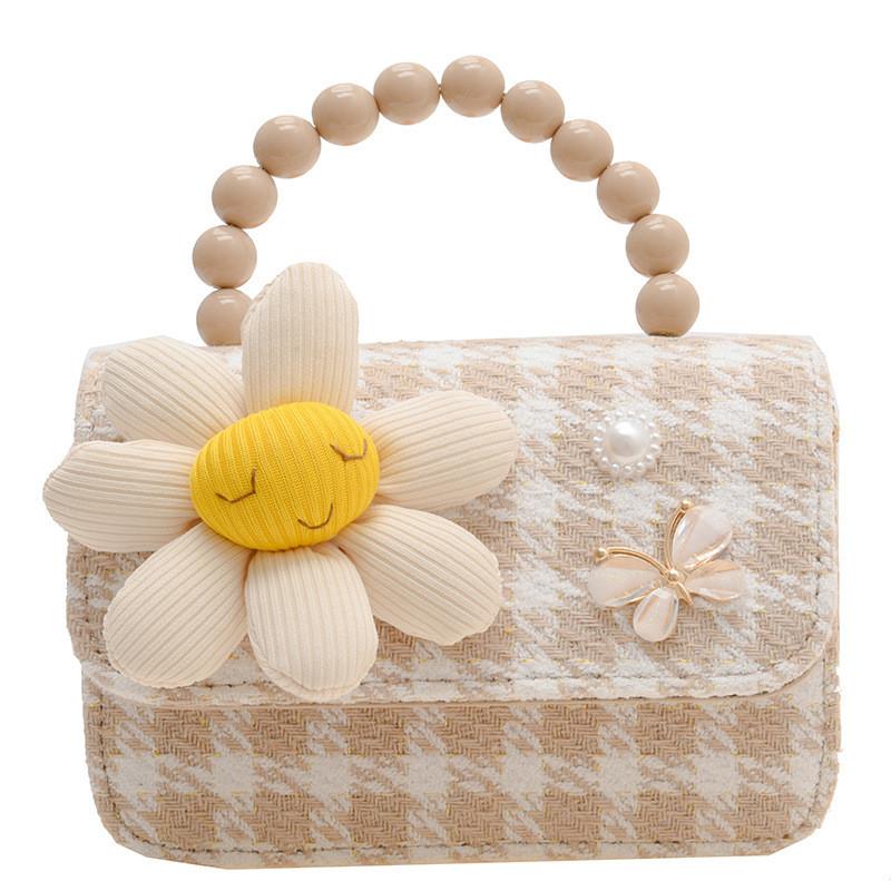 Fashion Simulation Pearl Bow Design Whoundstooth Pattern Children Shoulder Bag For Daily Use