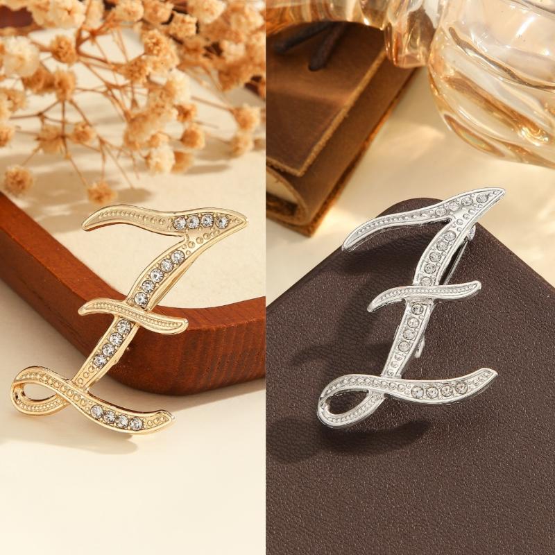 2Pcs  Full  Encrusted Gold And Silver Alphabet Letter Brooches Pins Minimalist Clothing Jewelry Accessory
