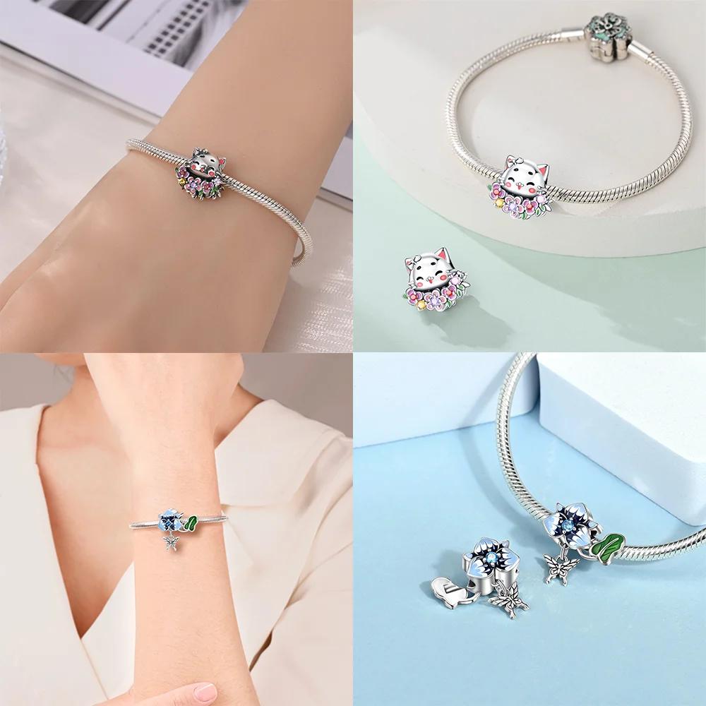 Original Copper Pink Heart Zircon Flowers Cats Sunflowers Beaded Charm Fit Bracelet Women Gift Diy Jewelry Set