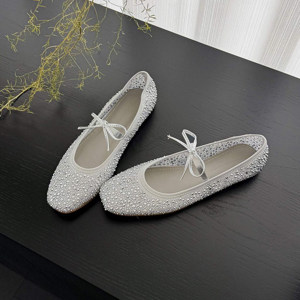 Krazing Pot Air Mesh Sheep Skin Flat with Crystal Beading Round Toe Jelly Shoes Party Summer Size 42 Women Flats