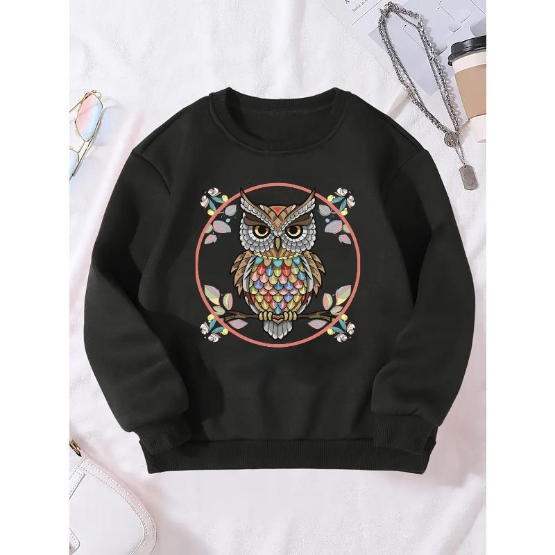 Girls' Rainbow Owl Print Round Neck Sweatshirt - Cute Owl & Rainbow Design, Spring/Fall Casual Sweater for & Playdates
