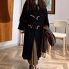 Black Horn Buttoned Coat for Women Autumn and Winter Solid Color Loose Fashion Coat Hepburn Style Woolen Coat