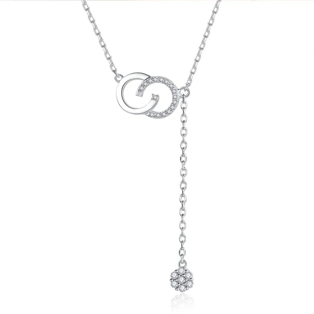 Interlocked Double C with Cluster Cubic Zirconia Y Drop Pendant Minimalist Women Clavicle Necklace