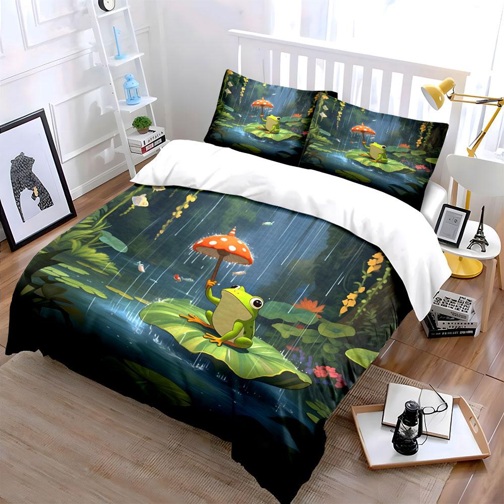 3pcs Frog on lily pad with mushroom umbrella Print Bedding Set 1 Duvet Cover 2 Pillowcases for Adult and Children Luxury Gift