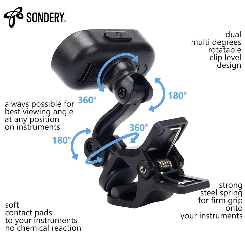 Sondery Rechargeable Clip-On Tuner with TFT Screen for Guitar, Ukulele, Violin, Banjo, and Wind Instruments