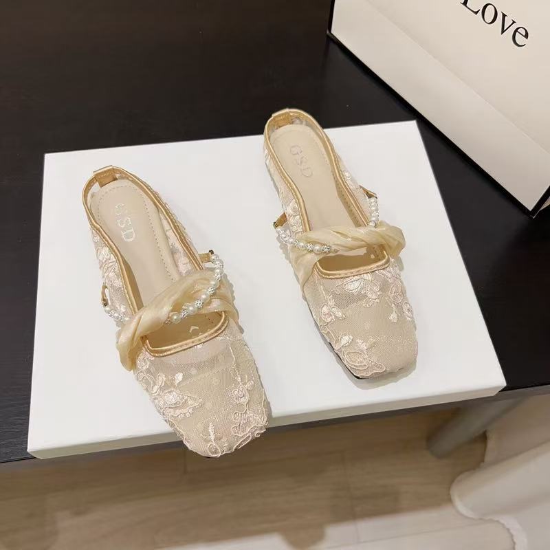 Chinese-style pearl mesh soft-soled sandals 2025 summer new shoes flat-bottomed bag head wear half slippers women