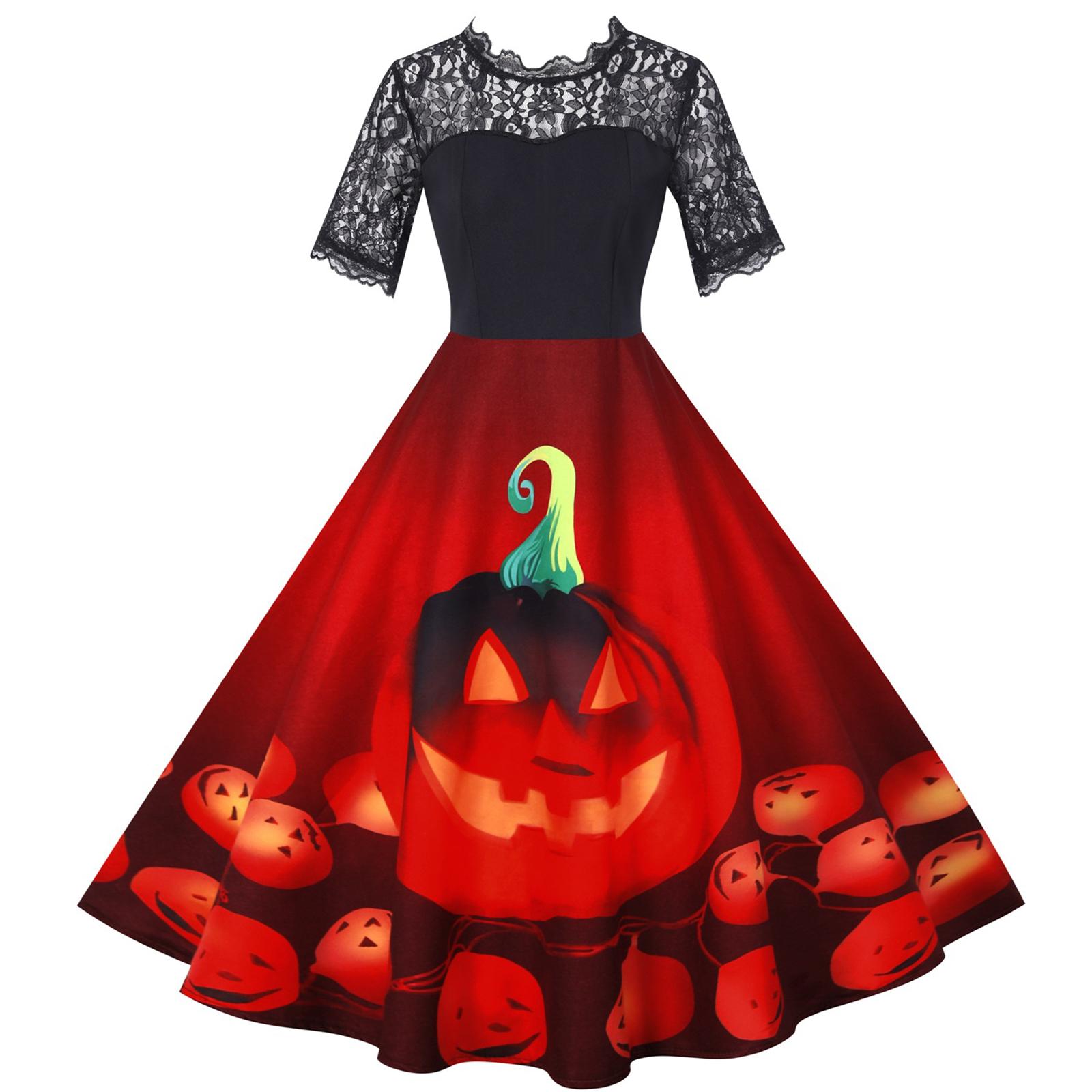 

Women s Hepburn-Style Retro Lace Round Neck Short Sleeved Halloween Printed Dress S винний