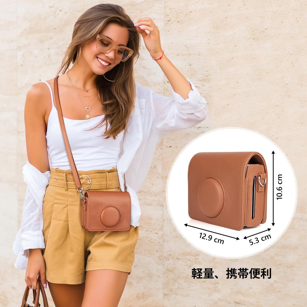 HIYQIN Instax Case, FUJIFILM Instax Mini Evo Camera Bag, Protective Camera Case with Shoulder Strap, Printable, Landscape Style A (Brown)