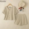 ZANZEA Damen Kurzarm Bluse und Shorts Sommer Casual Zweiteiler