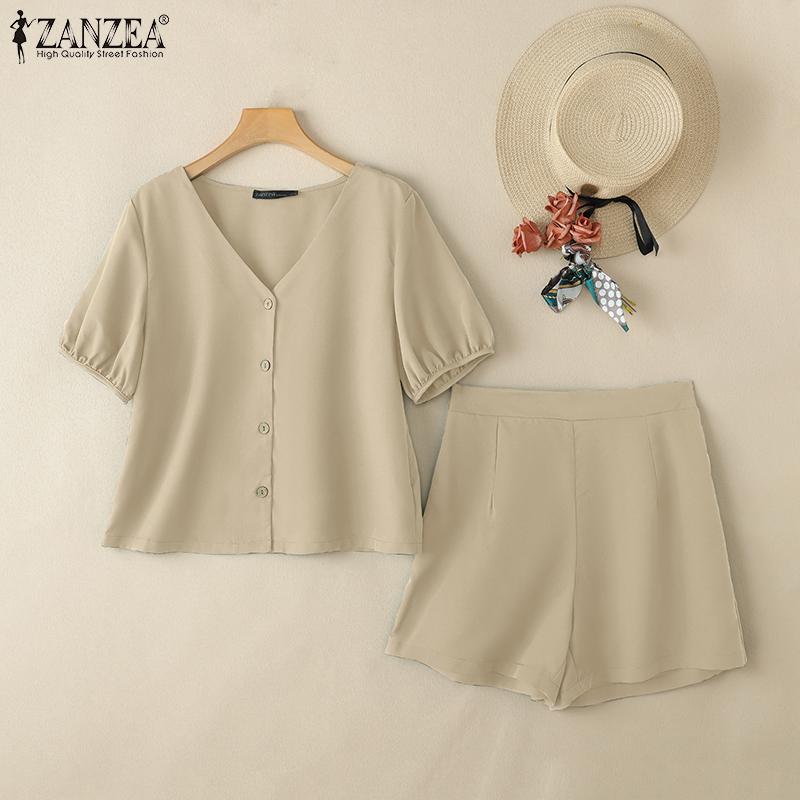 ZANZEA Women Short Sleeve Blouse and Shorts Summer Casual Two Piece Sets
