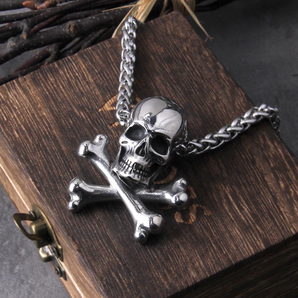 Punk Stainless Steel Skull Chain Pendant Necklace Vintage Hip Hop Statement Necklaces for Men Male Boho Jewelry with wooden box