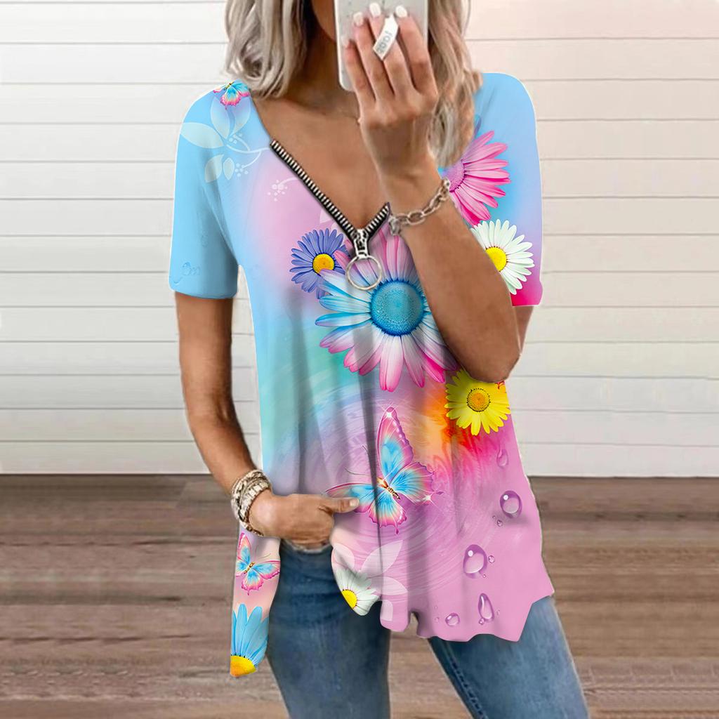 Women's Top Summer New Fashion Fantastic Pink Flowers Printed Casual Zipper V-neck Short Sleeve Top