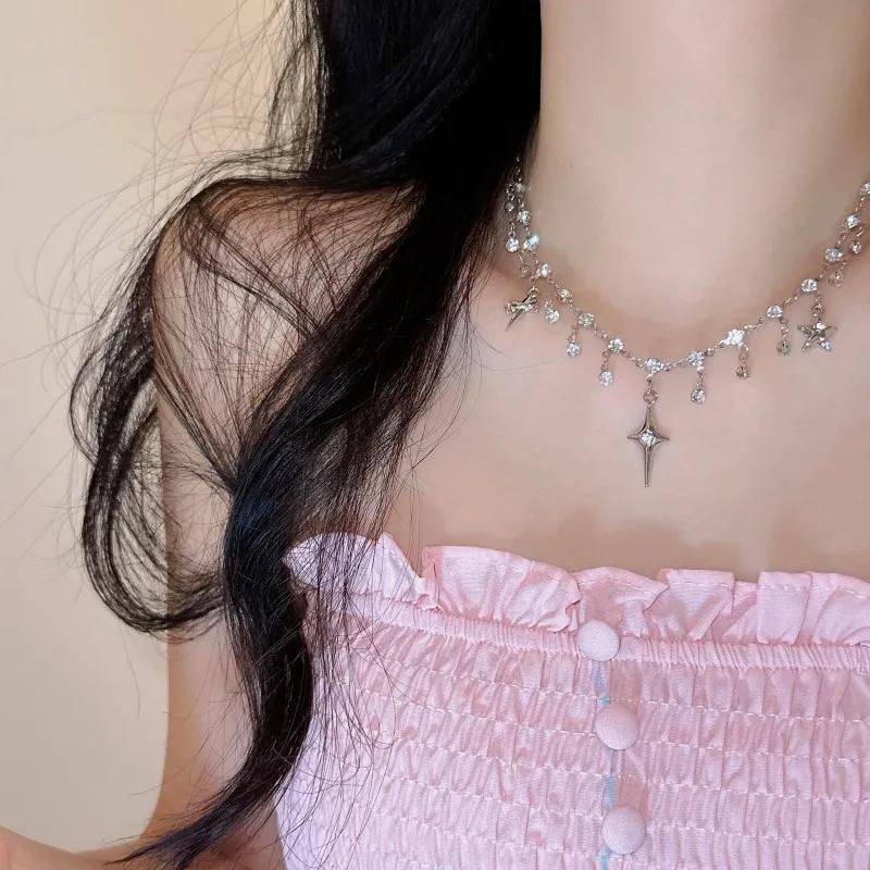 Fashion Chic Cross Crystal Zircon Pendant Tassel Necklace for Women Girls Clavicle Chain Accessories Aesthetic Y2k Jewelry