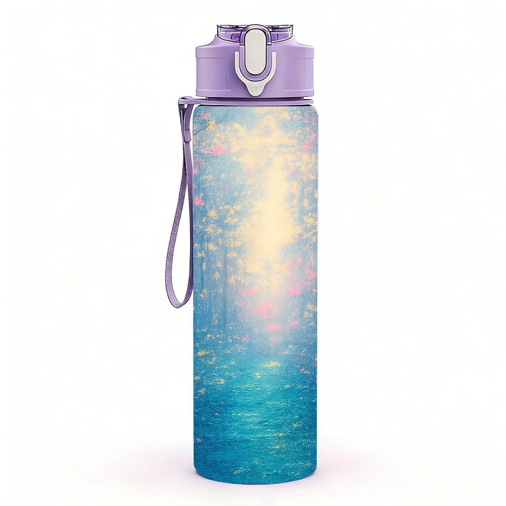 1PC Magical Misty Blue Forest Scenery Print 750ml Color Plastic Sports Water Bottle Leakproof Flip Straw Lid Suitable for Sports Office Home Use