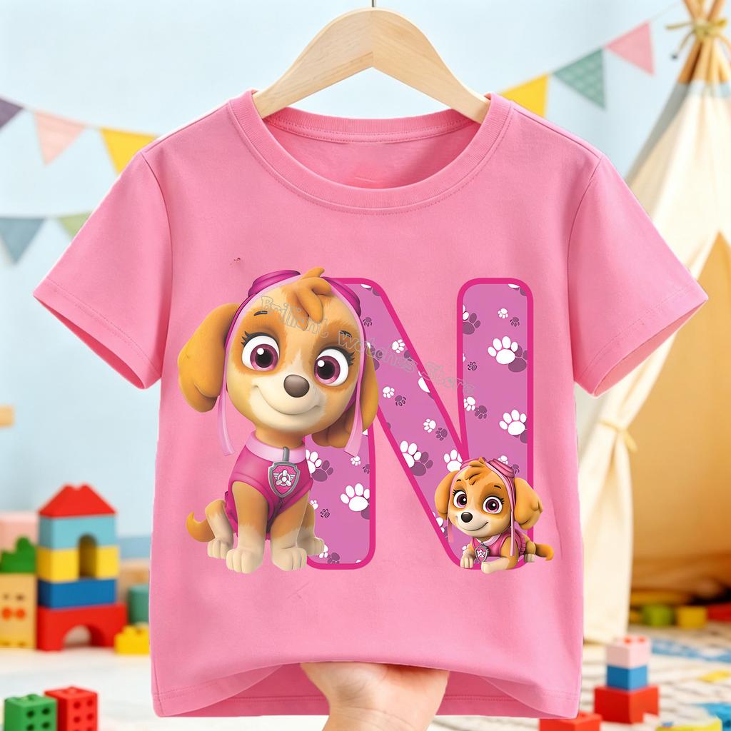 Paw Patrol Skye T-shirt for Children Cartoon A-Z Letter Tee Top Round Collar Clothing Girls Short Sleeve Kids Anime Clothes Gift